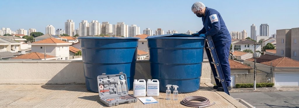 Profissional realizando Imunização e Desinfecção Bacteriológica de Caixas D'água em Imbituba
